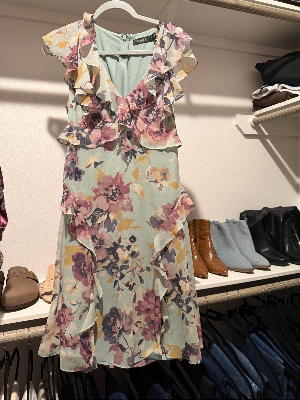 Floral Ruffle Midi Dress in Mint with Pink & Yellow Blooms - Lauren Ralph Lauren